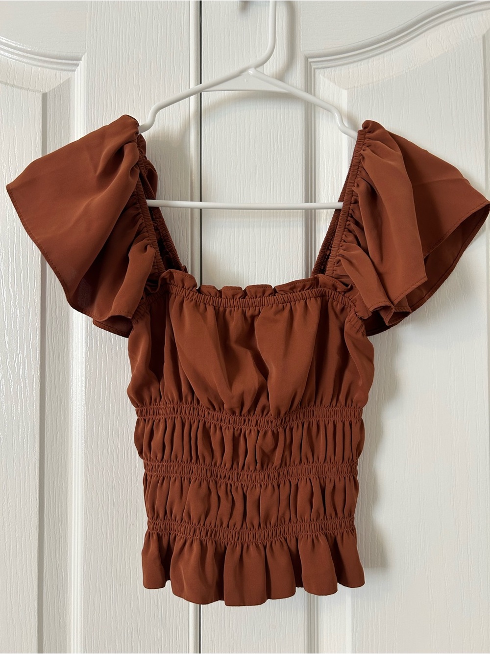 Abercrombie & Fitch Rust Smocked Ruffle Sleeve Crop Top